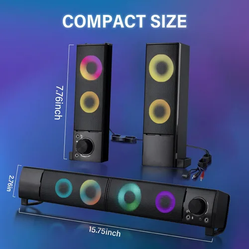 Vista 7 de Altavoces de computadora con cable diseñados para dispositivos de escritorio, sonido claro USB Plug and Play con iluminación RGB Características