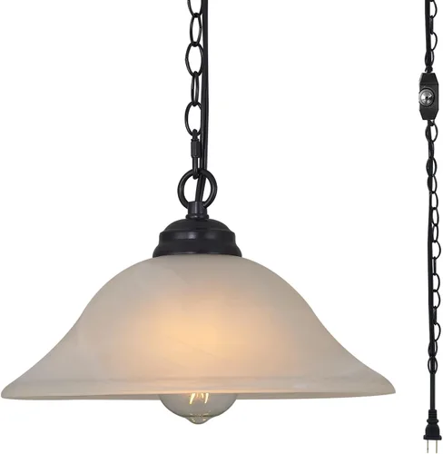 Vista 8 de Lámpara colgante enchufable con pantalla de vidrio de alabastro de 15.7" de diámetro, lámpara colgante con interruptor de encendido/apagado, cable