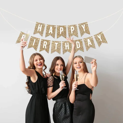 Vista 8 de Cartel de feliz cumpleaños pre-encordado – No DIY – Cartel de fiesta de cumpleaños con purpurina dorada – Guirnalda preencordada en hebras de 6 pies