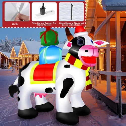 Vista 5 de Decoraciones inflables de Navidad de vaca lechera para exteriores de 6 pies con luces LED integradas, infla para patio, techo, césped