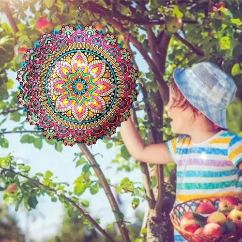 Vista 2 de Mandala Blossom Wind Spinner - Molinillos de Viento de Metal Escultura de Viento Colgante Cinética 3D de 12 pulgadas Cortada con Láser