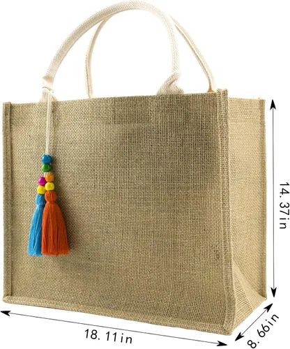Vista 2 de LB Paquete de 6 bolsas de yute tejidas de arpillera, bolsa de playa con pajilla, asas de algodón con accesorios de borla bohemia, bolsa reutilizable