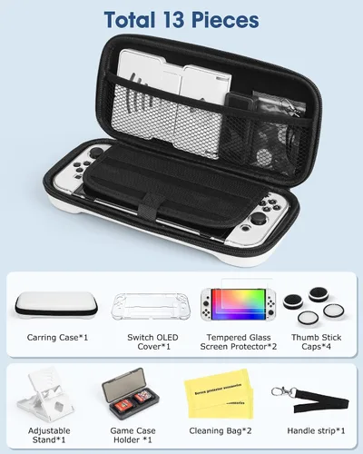 Vista 7 de Funda de almacenamiento para Switch OLED, funda de transporte portátil OLED con funda protectora, 2 protectores de pantalla de vidrio templado