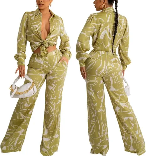 Vista 4 de DinyIn Women's Casual Sexy 2 Pieces Outfits Lantern Sleeve Button Up Shirt Blouses Top Long Pants Clubwear Party Set