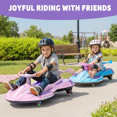 Vista 2 de Coche eléctrico Wiggle de 12V, 360° Drift & Mist Spray Ride en Morado