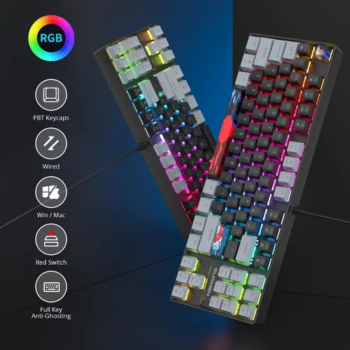 Vista 3 de Owpkeenthy Teclado mecánico 75% para juegos con interruptor rojo, 87 teclas con cable RGB TKL teclado retroiluminado para PC, Xbox PS