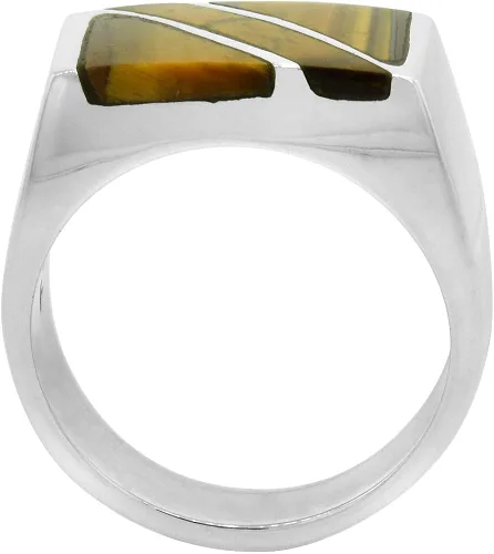 Vista 2 de Anillo de plata de ley con diseño de ojo de tigre, rectangular, diagonal, parte trasera sólida, hecho a mano, tamaños 9-13