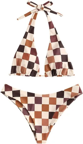 Vista 36 de ZAFUL Bikinis triangulares estampados para mujer, 2 piezas, bikini halter, traje de baño de corte alto, traje de baño con lazo lateral 0-negro a