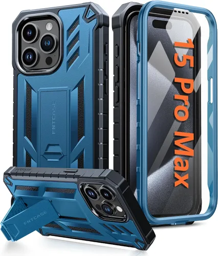Vista 9 de FNTCASE Funda para iPhone 15-Pro-Max: Cubierta protectora resistente de grado militar a prueba de caídas para teléfono celular con soporte y Negro