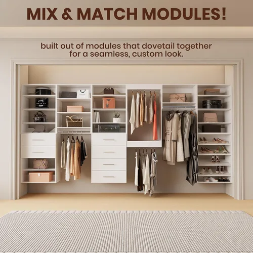 Vista 3 de ROOMTEC Sistema de Armario Modular, Torre de Armario con Estante de 4 Cajones de 19.5", Organizador de Armario Montado en la Pared, Torre de Madera
