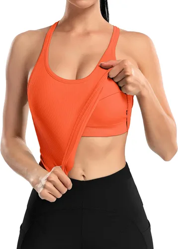 Vista 27 de ATTRACO Camiseta corta acanalada de entrenamiento para mujer con brasier integrado para yoga, espalda cruzada, ajuste ajustado