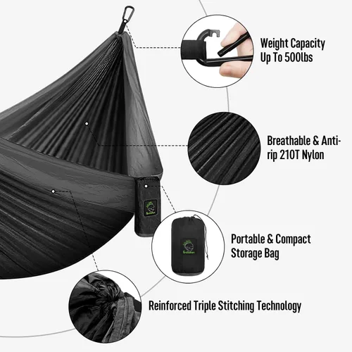 Vista 5 de Grassman Hamaca de camping doble y individual hamaca portátil con correas de árbol, hamacas de paracaídas de nailon ligero, accesorios de Negro &