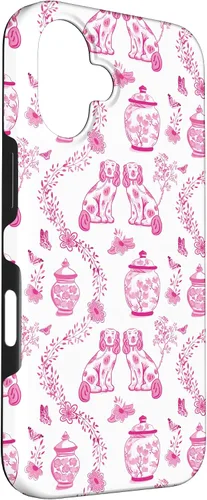 Vista 3 de Preppy - Carcasa para iPhone 16, diseño de perros y tarros de jengibre, color rosa y blanco