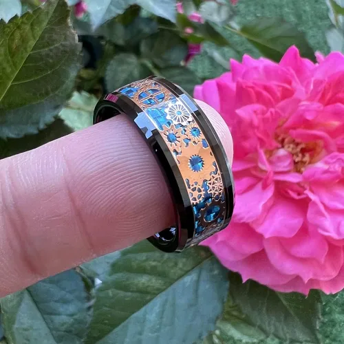 Vista 5 de Anillo de tungsteno de 6 mm y 8 mm color negro, plateado, rojo y azul para hombres y mujeres, anillos de matrimonio estilo Steampunk con engranes