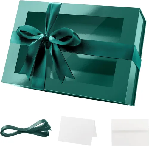 Vista 35 de PACKQUEEN Caja de regalo grande negra con ventana, 13.5 x 9 x 4.1 pulgadas, caja de regalo transparente para regalo, contiene cinta, tarjeta, caja