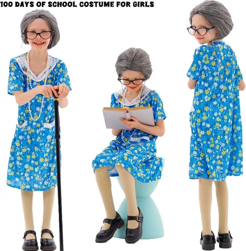 Vista 3 de Znorso Old Lady Costume Kit 100th Day of School Little Girls with Nightgown Wig Cane & Other Halloween Cosplay Dress Up