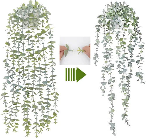 Vista 2 de BLEUM CADE Plantas Colgantes Falsas, Juego de 3 Plantas Artificiales en Maceta Colgante de Color Verde Salvia, Planta Colgante de Eucalipto
