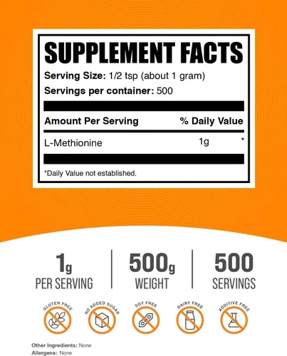 Vista 2 de BulkSupplements. com L-metionina en polvo - Aminoácidos Suplementos nutricionales, suplementos de colina, suplemento antioxidante - Sin gluten, 0.04