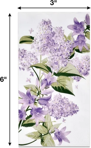 Vista 7 de 100 servilletas para invitados, diseño floral morado, 3 capas, desechables, papel lila, toallas de mano elegantes, decoración de flores