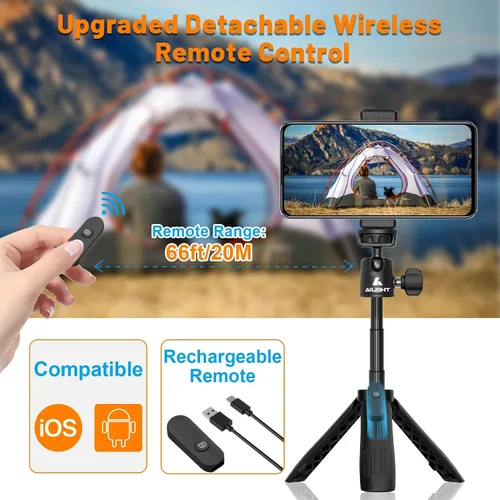 Vista 3 de Ailight Mini trípode de 11.2 pulgadas para iPhone, selfie stick con control remoto inalámbrico, portátil extensible, clip de teléfono mejorado