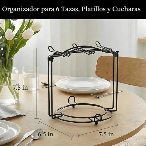 Vista 3 de YOLIFE Soporte para tazas de té. para 6 tazas, 6 platitos, 6 cucharas, desarmable., Negro