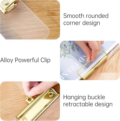 Vista 3 de Moocci Portapapeles transparentes de acrílico grueso, bonito portapapeles transparente con clip dorado fuerte agujero oculto para colgar papel A4