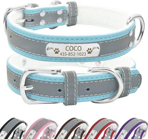 Vista 16 de Collar de perro de cuero reflectante personalizado con forro cálido, collar de perro personalizado con placa de nombre grabada para perros y gatos