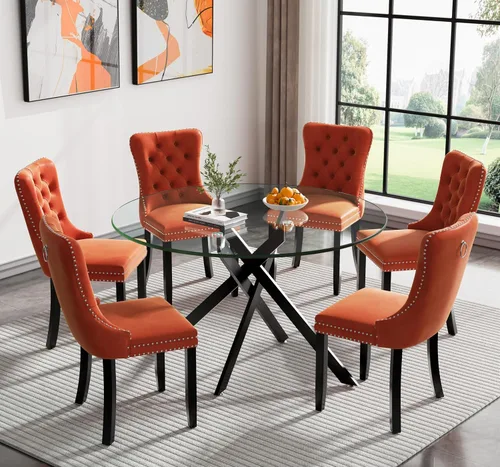 Vista 34 de Juego de mesa de comedor SSLine moderno de 3 piezas con mesa redonda de vidrio para 2, lujosa mesa de comedor circular de 36" con tapa de vidrio