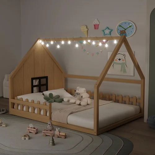 Vista 10 de Polibi Cama de casa de tamaño completo, marco de cama de piso de madera con ventana y valla para niños, gris