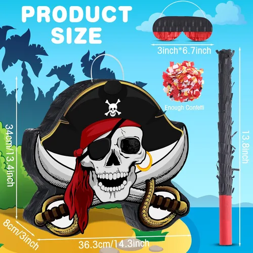 Vista 2 de Paquete de piñata pirata, juego de fiesta pirata, incluye máscara de capitán Piñata Bat Stick para fiesta de cumpleaños, aventura náutica