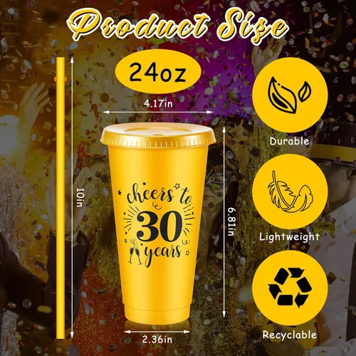 Vista 2 de Uiifan 12 vasos de plástico de plástico con tapa y popote de 24 onzas para cumpleaños, cumpleaños, bodas, aniversarios, decoración (30º)