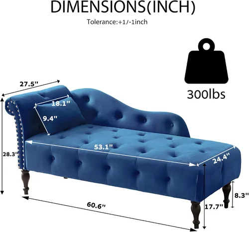 Vista 3 de Chaise Lounge - Chaise Lounge - Botones de terciopelo para interiores con almohada, decoración de cabeza de clavo con brazo enrollado