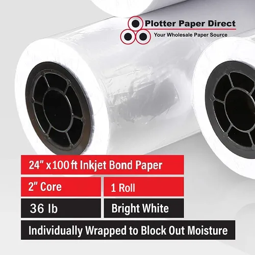 Vista 2 de Plotter Paper Direct Papel trazador blanco recubierto de 24 pulgadas x 100 pies, 36 libras, núcleo de 2 pulgadas, blanco brillante 92