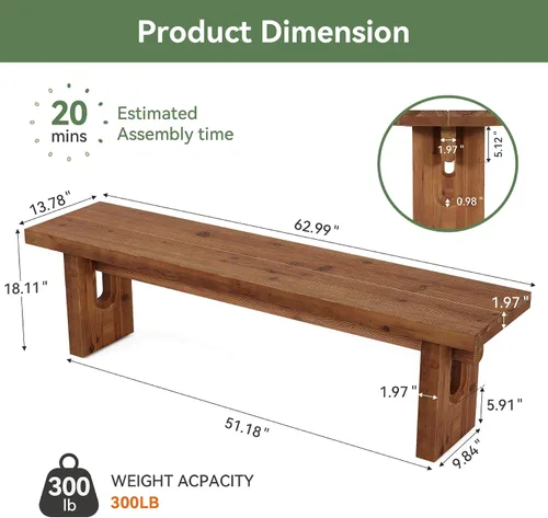 Vista 2 de Banco de madera maciza de 63 pulgadas, banco de comedor extra largo para mesa de cocina, banco de entrada de madera rústica, asiento