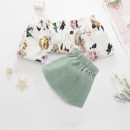Vista 7 de Conjunto de ropa de 2 piezas con falda para bebés y niñas pequeñas, 1T, 2T, 3T, 4T, 5T, 6T, estampado floral, hombros descubiertos y faldas