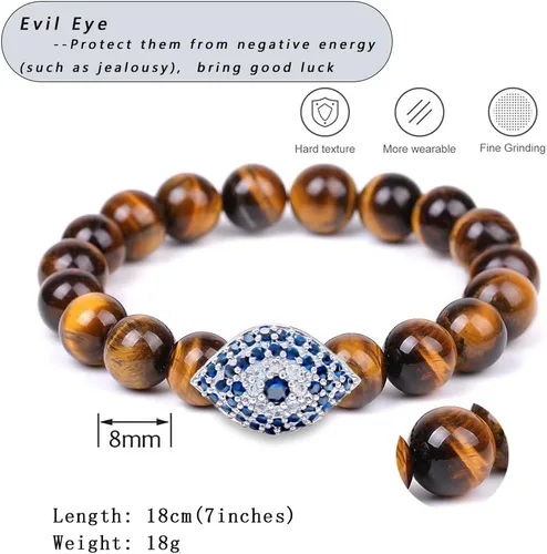 Vista 2 de Pulsera contra el mal de ojo para mujer, pulsera elástica con cuentas de ojo de tigre de 0.315 in para protección y bendición