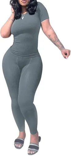 Vista 4 de LICOBOD Ropa de descanso acanalada casual 2 piezas conjunto de pantalones cortos para mujer sólido ajustado manga corta cuello redondo top +