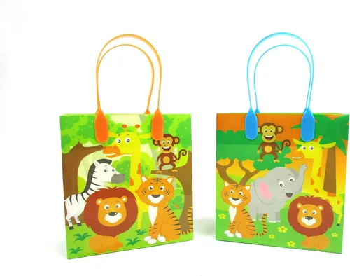 Vista 3 de TINYMILLS Bolsas de regalo con temática de animales de la selva de safari con asas, bolsas de dulces de libro de selva para fiestas de cumpleaños