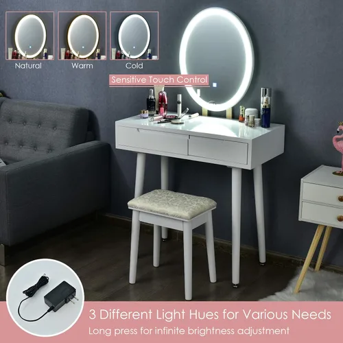 Vista 8 de CHARMAID Juego de tocador con espejo iluminado, espejo de brillo ajustable de 3 modos, tocador de maquillaje con taburete acolchado, 2 cajones