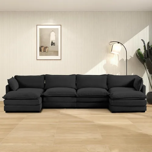 Vista 10 de ROWHY Sillón individual con otomano, sofá moderno de corduroy en forma de nube con chaise convertible, sofá tapizado para sala de estar, beige