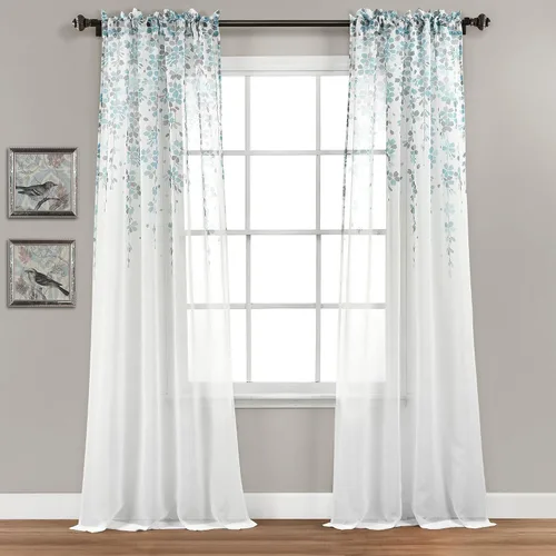 Vista 33 de Lush Decor Cenefa para ventana con flores que lloran, filtro de luz, azul y gris