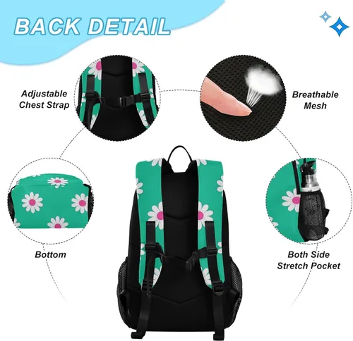 Vista 3 de Daisy Flower Cyan White Book Bag For Boys School Backpacks For Girls With Lunch Box 9-10 years mochilas y loncheras escolares para nias
