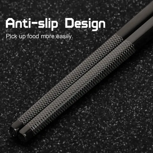 Vista 4 de Palillos de Metal Reutilizables 2 Pares de Palillos de Acero Inoxidable 18/8 Chapados en Titanio con Soporte, Aptos para Lavavajillas, Ligeros, Negro