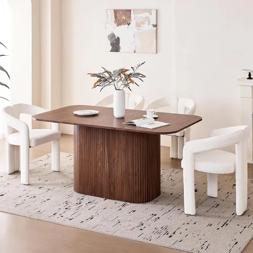 Vista 19 de Juego de 4 mesas de comedor grandes de 63 pulgadas para 4, esquinas redondeadas, mesa de cocina rectangular moderna de madera con sillas Boucle