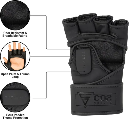 Vista 2 de Guantes Titan MMA, diseño híbrido, guantes de entrenamiento de palma abierta para Sparring, Kickboxing, Muay Thai, color negro