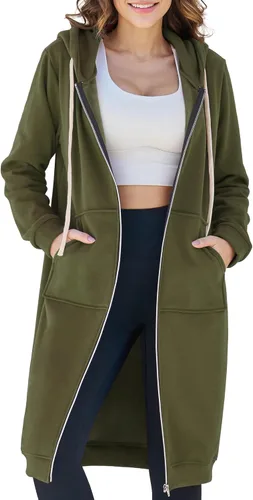Vista 16 de Ablanczoom Sudaderas largas con cremallera para mujer, cómodas sudaderas de forro polar a la moda, chaquetas casuales con bolsillos Albaricoque