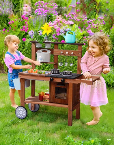Vista 3 de ROBUD Cocina de barro para niños al aire libre con ruedas, cocina de madera al aire libre, cocina de barro para niños con fregadero y grifo