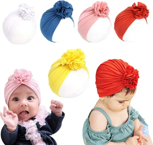 Vista 8 de Newborn Babies Headwrap Hat Infant Toddler Cotton Soft Cute Nursery Beanie Headbands Top Bowknot Cap Multicolor 5 piezas flor/9.8 ft-2 años