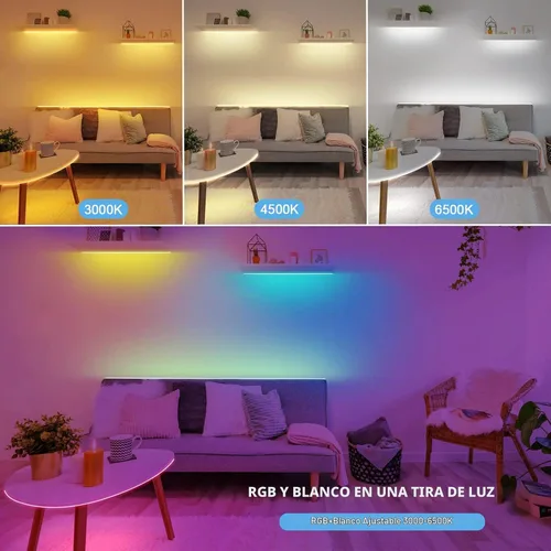 Vista 2 de Tatazone Tiras de luces LED RGBWW con Bluetooth, 5 metros de tiras de luz LED ajustables de blanco 3000K a 6500K + RGB, tiras de luces LED