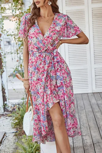 Vista 6 de PRETTYGARDEN - Vestido floral para mujer estilo bohemio, cruzado, con cuello en V, manga corta, con cinturón, dobladillo con volantes, acampanado